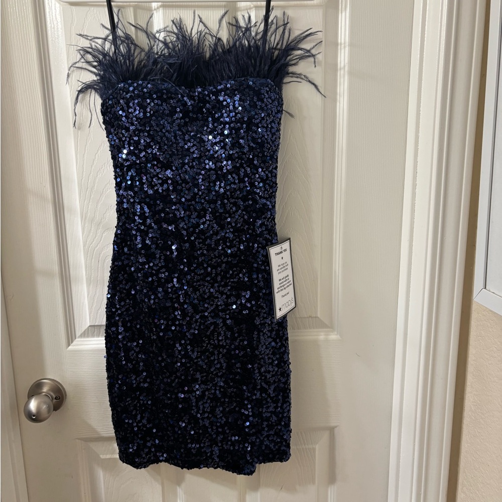 B Darlin Navy Sequin Dress with Feather Trim